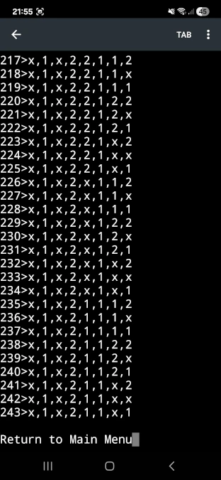 C++ console program showing complete generated number combinations and large-scale structured output data