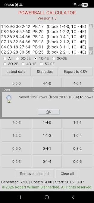 Python Powerball calculator showing data export and saved historical dataset for statistical analysis