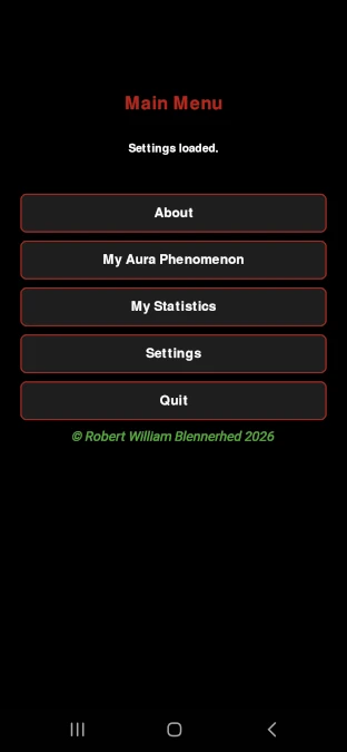 Migraine Aura Simulator app main menu screen on Android showing navigation options and settings interface