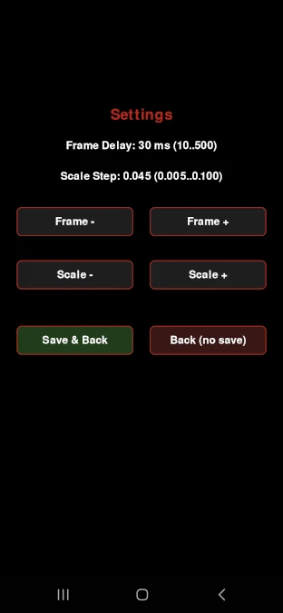 Migraine Aura Simulator settings screen on Android showing frame delay and scale controls for aura visualization