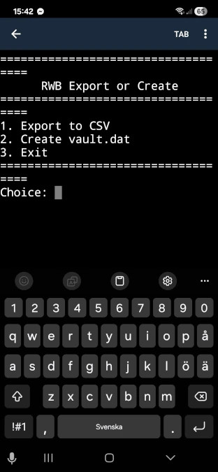 RWB Export or Create tool for password manager showing CSV export and vault creation options in Python mobile app