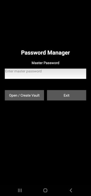 RWB Password Manager mobile app showing master password login screen for secure encrypted vault in Python
