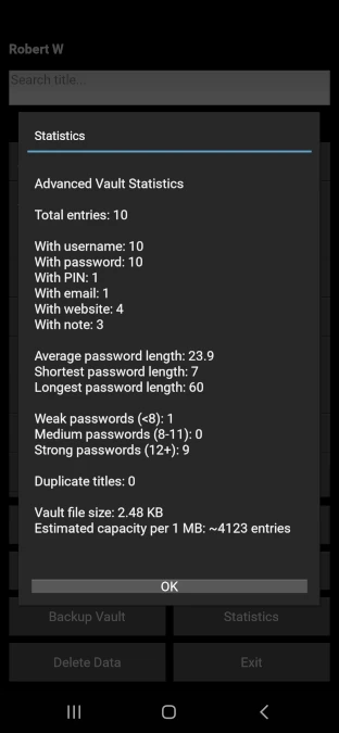 RPython password manager showing vault statistics including password strength, entry count and security analysis in encrypted storage