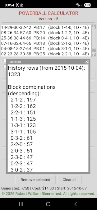 Python Powerball calculator showing historical statistics and block combination analysis for number patterns