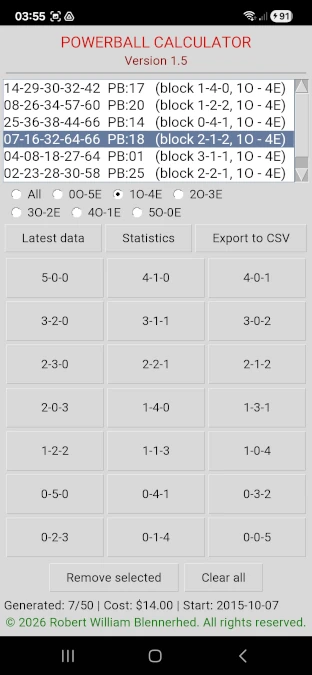 Python Powerball calculator mobile app showing statistical number generator and historical data analysis