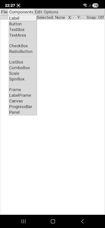 RWB Form Designer showing Tkinter components panel with UI elements like buttons, textboxes and checkboxes in Python GUI builder