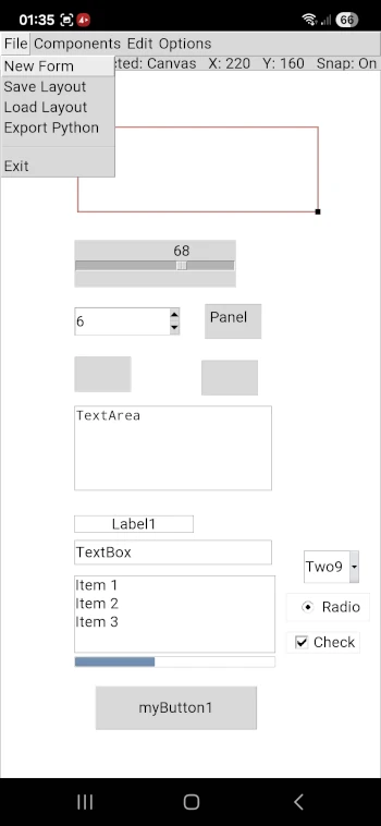 Python Tkinter GUI builder showing drag and layout editing with multiple UI components in RWB Form Designer on mobile. Export Python Layout code..