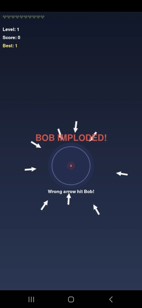 Save Bob Python mobile game game over screen showing Bob imploded after wrong arrow hit in fast-paced Android gameplay