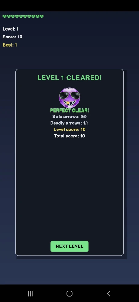 Save Bob Python mobile game level cleared screen showing perfect clear result and score after completing level on Android