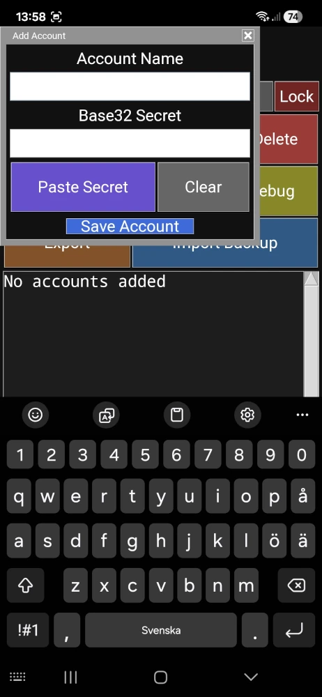 RWB 2FA app add account screen showing Base32 secret input for TOTP setup in Python on Android using Pydroid 3
