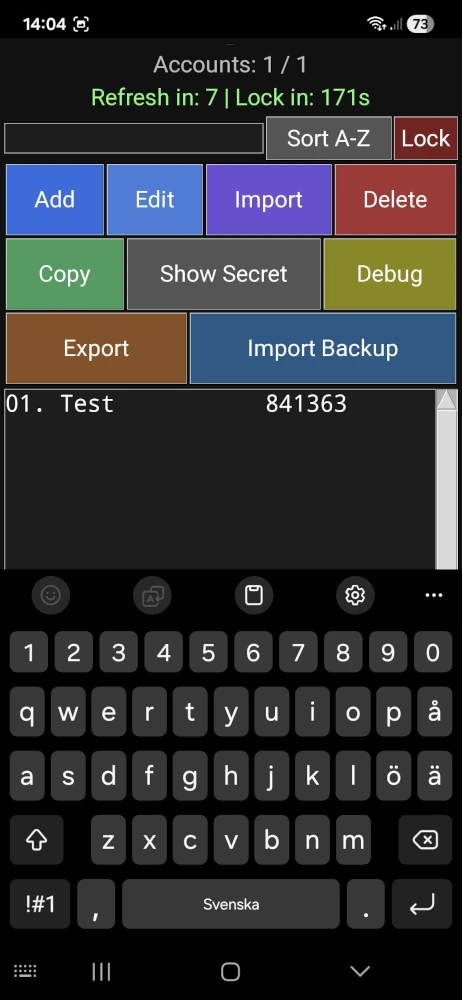 RWB 2FA mobile app showing generated TOTP codes and account list in Python authenticator running on Android with Pydroid 3