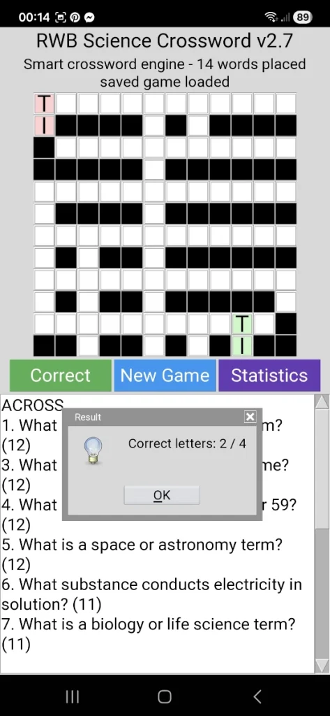 RWB Science Crossword v2.7 Mobile running on Android with smart crossword engine, colored buttons, autosave, and science question database
