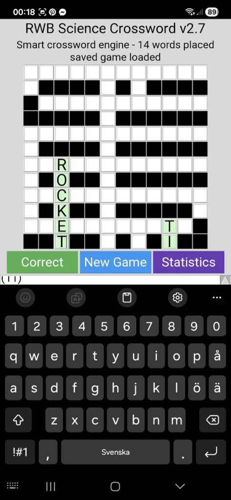 RWB Science Crossword v2.7 Mobile on Android showing interactive crossword gameplay with Python Tkinter interface and science learning system