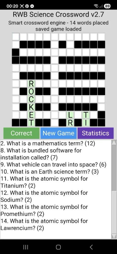 RWB Science Crossword v2.7 Mobile showing science clues, crossword gameplay, and colorful Python Tkinter mobile interface on Android