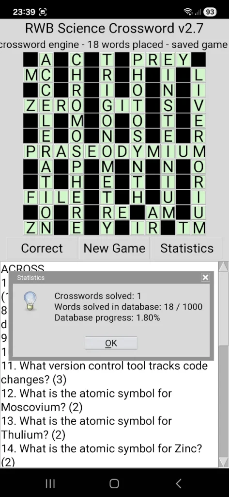 RWB Science Crossword v2.7 Mobile statistics window showing solved crosswords and science database progress on Android