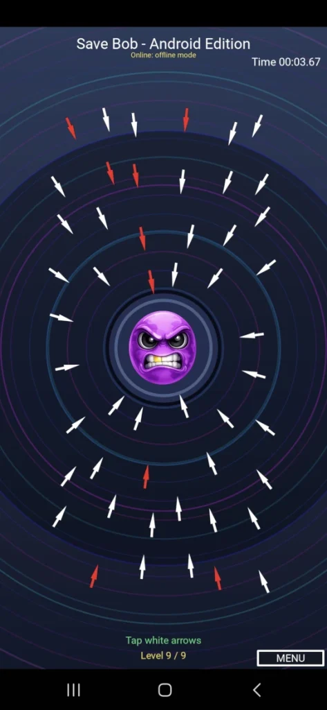 Save Bob Android Edition 2.0 level 9 showing the hidden red deadly arrows among the white arrows.
