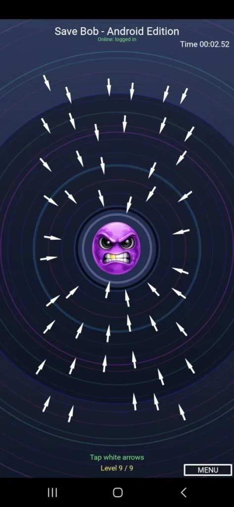 Save Bob Android Edition 2.0 gameplay on level 9 with white arrows pointing toward Bob