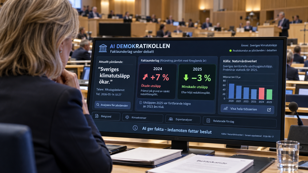Konceptbild av riksdagsledamot som använder AI Demokratikollen för att granska fakta under en debatt.