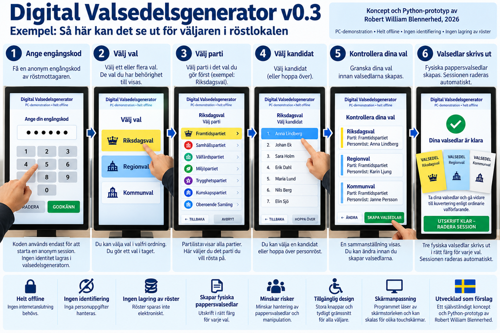 Konceptbild av en digital valsedelsgenerator som skriver ut fysiska valsedlar för svenska val.